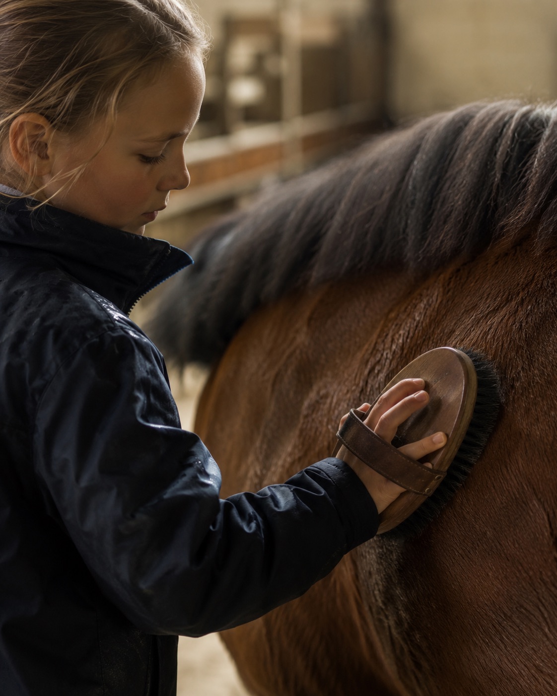Ett barn borstar sin ponny i stallet, fokus på händerna och pälsen
